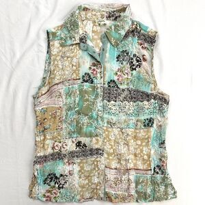 2000s Agora Shabby Chic Teal Cream Pink Patchwork Lace Floral Collared Tank Sz S